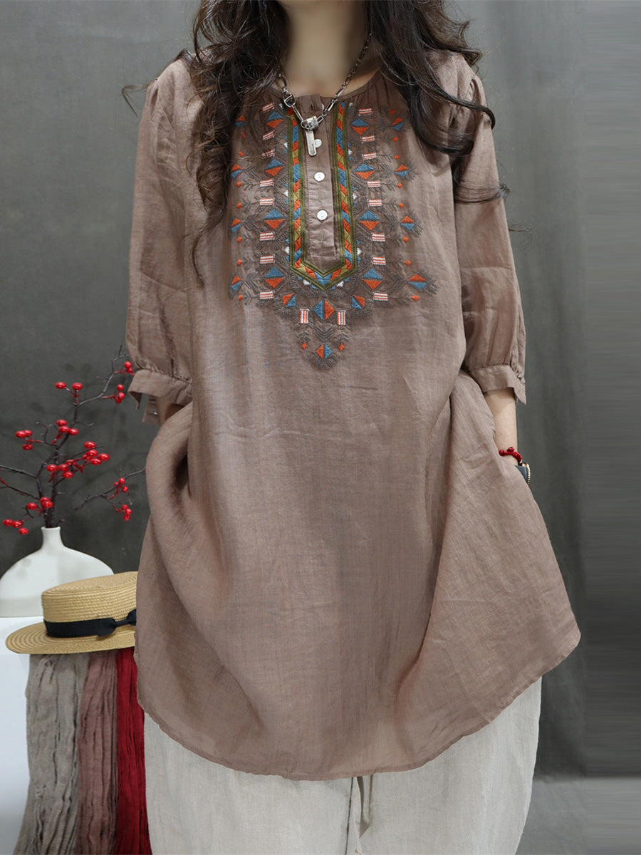 Women Summer Retro Embroidery O-Neck Ramie Shirt BN1037 Ada Fashion