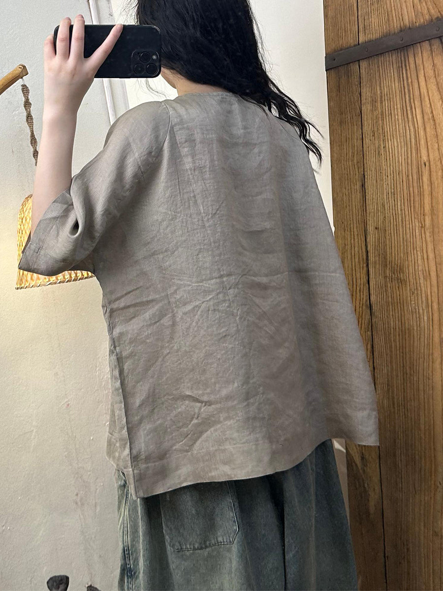 Women Summer Artsy Shirred Button Linen Loose Shirt CV1004 Ada Fashion