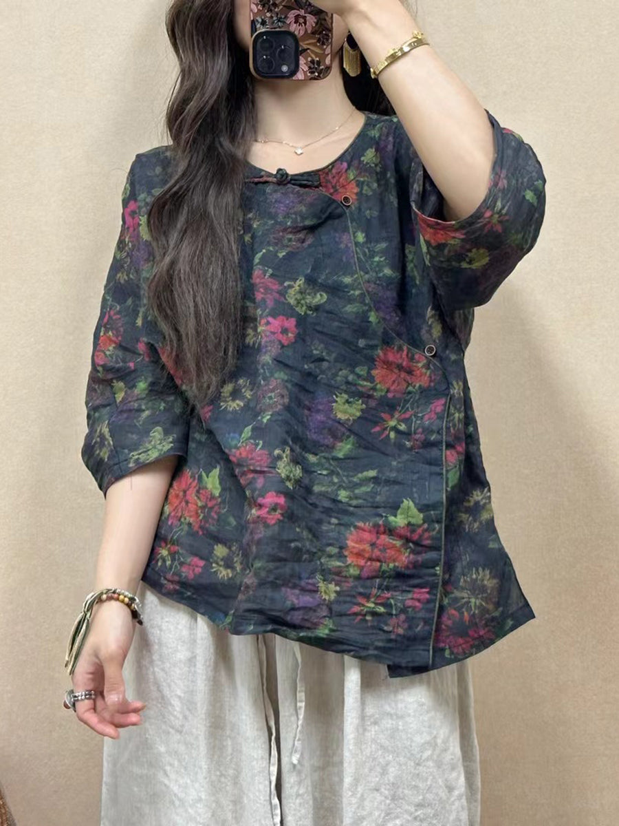 Women Summer Vintage Floral Slant Closure Ramie Shirt CV1005 Ada Fashion