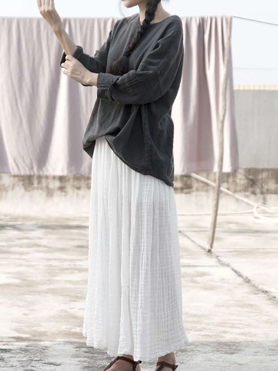 Women Summer Casual Shirred Solid Loose Cotton Skirt RR1028 BUYKUD