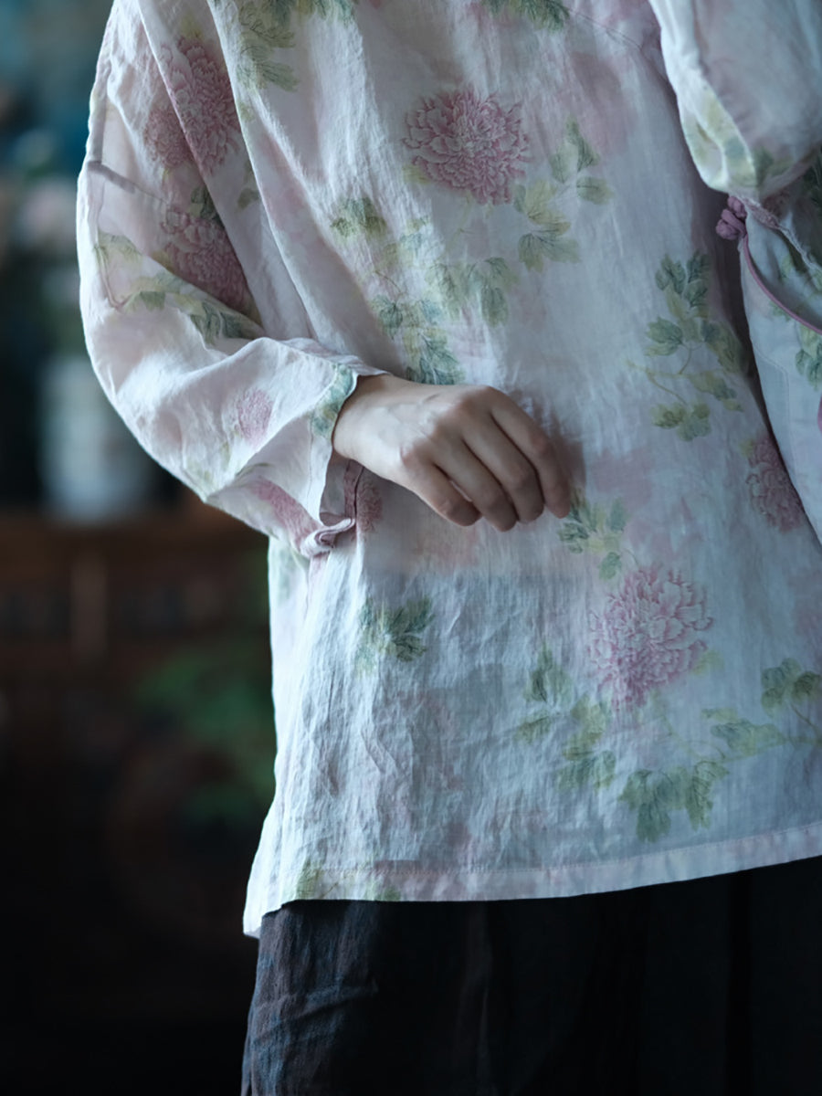Women Summer Vintage Flower Starp 100%Ramie Shirt RR1005 BUYKUD