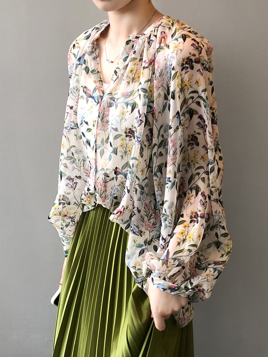 Women Artsy Spring Floral V-Neck Loose Shirt RR1006 BUYKUD
