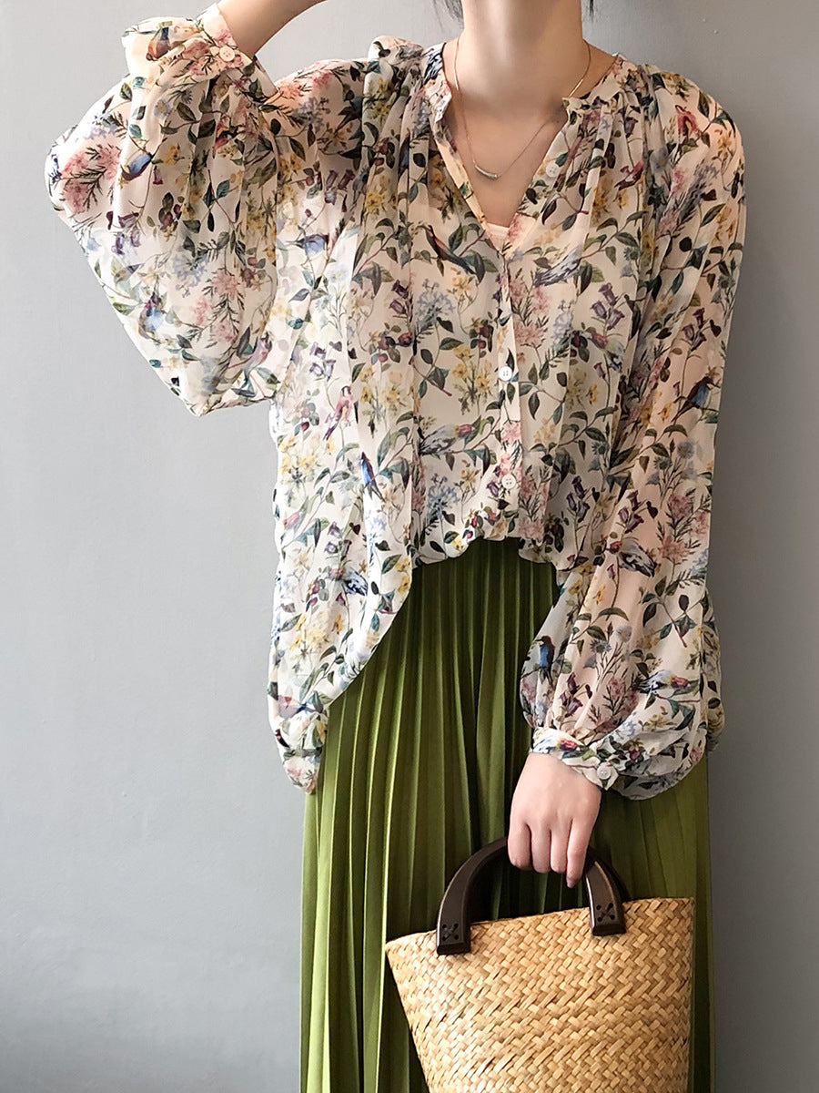 Women Artsy Spring Floral V-Neck Loose Shirt RR1006 BUYKUD