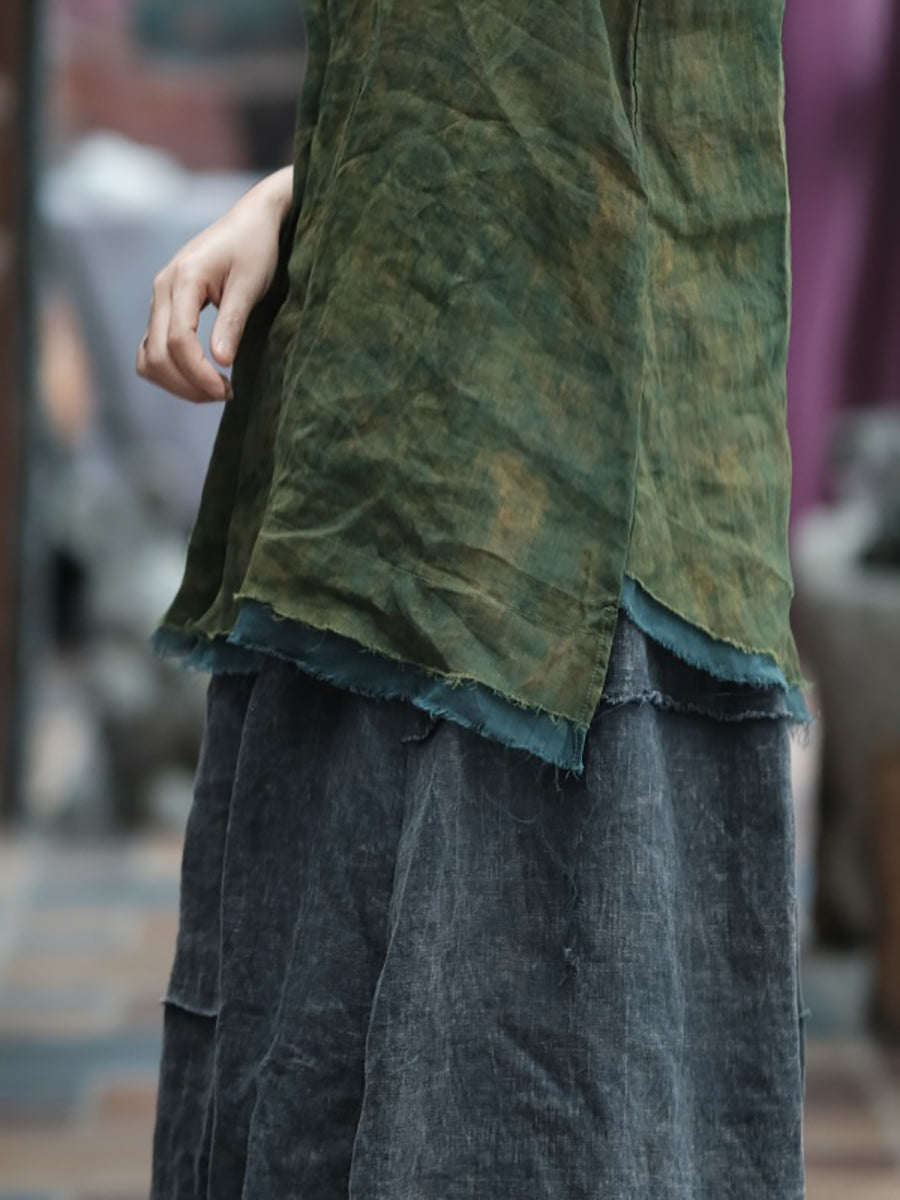 Plus Size Women Summer Vintage Tie-dye Spliced Ramie Vest LL055 BUYKUD