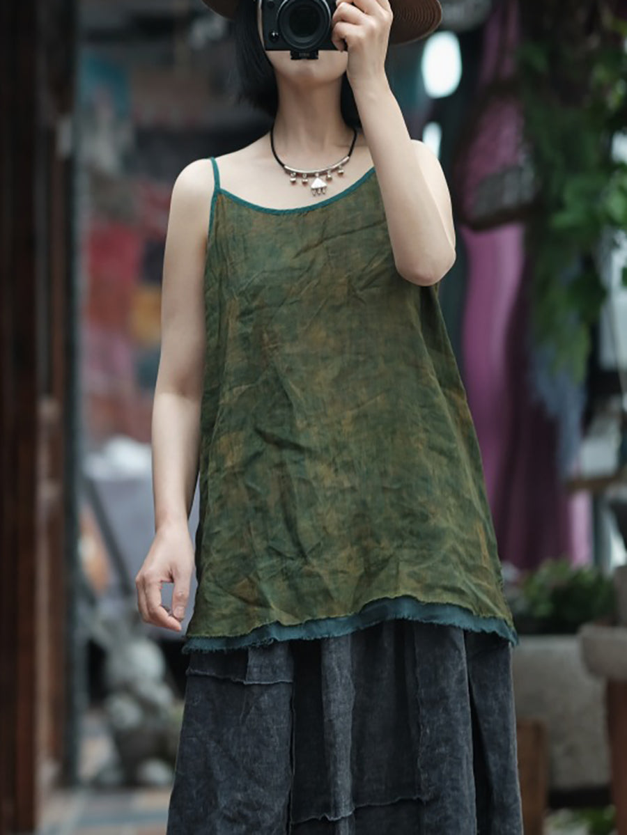 Plus Size Women Summer Vintage Tie-dye Spliced Ramie Vest LL055 BUYKUD