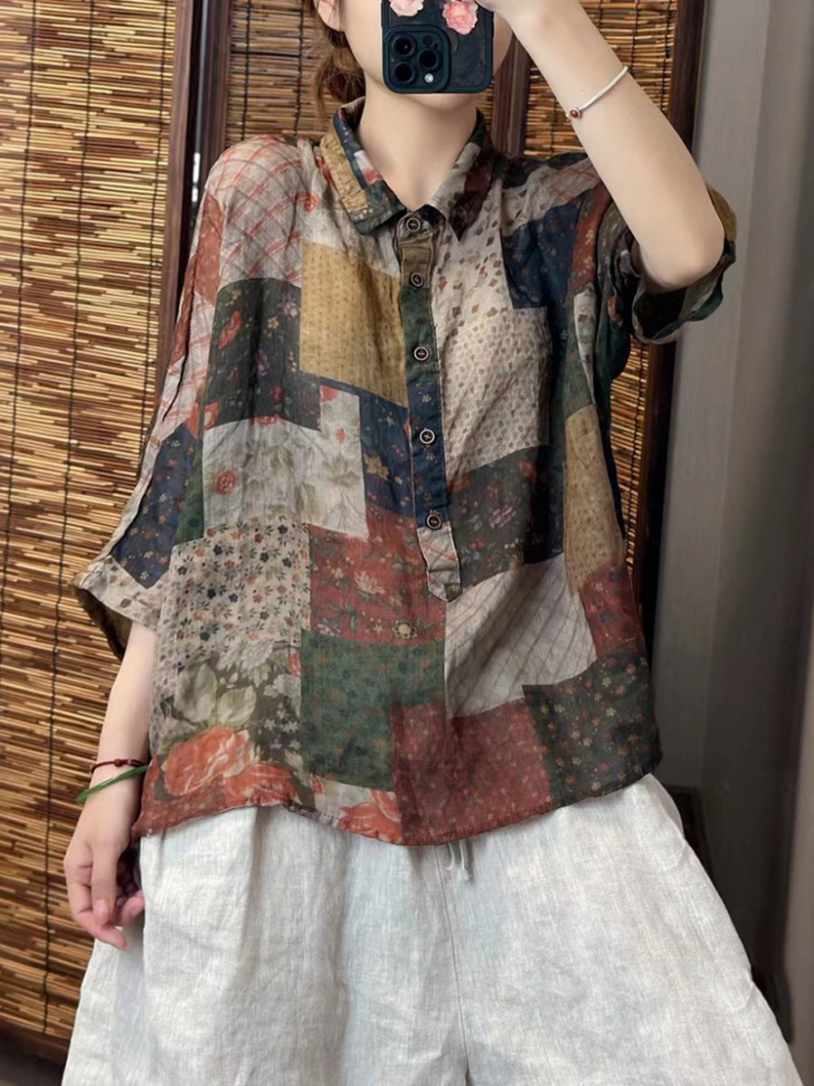 Women Summer Artsy Spliced Button-up Ramie Shirt OO1006 BUYKUD