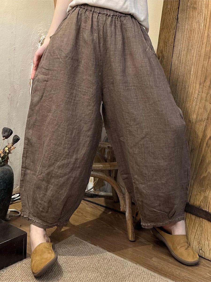 Women Summer Casual Plaid Linen Harem Pants OO1024 BUYKUD
