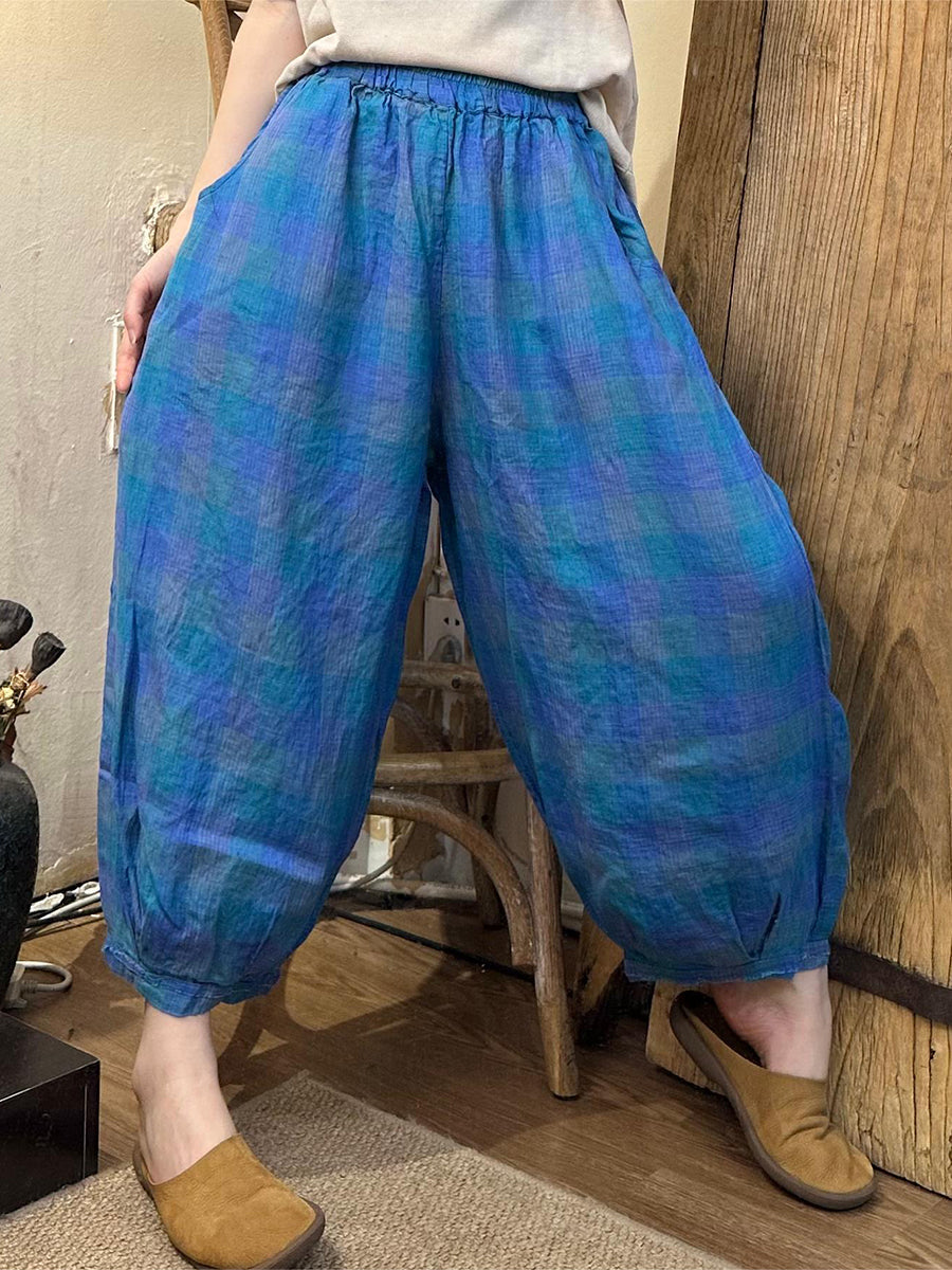 Women Summer Casual Plaid Linen Harem Pants OO1024 BUYKUD