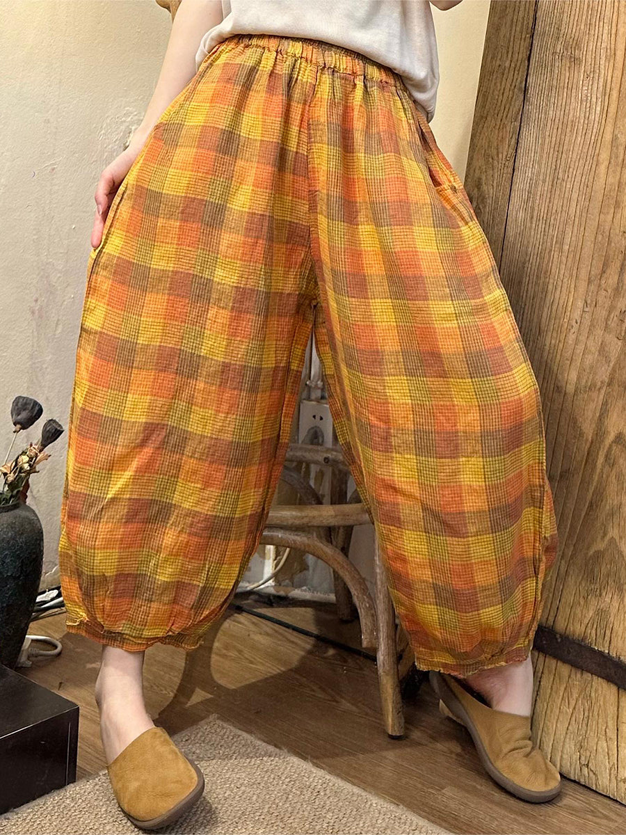 Women Summer Casual Plaid Linen Harem Pants OO1024 BUYKUD