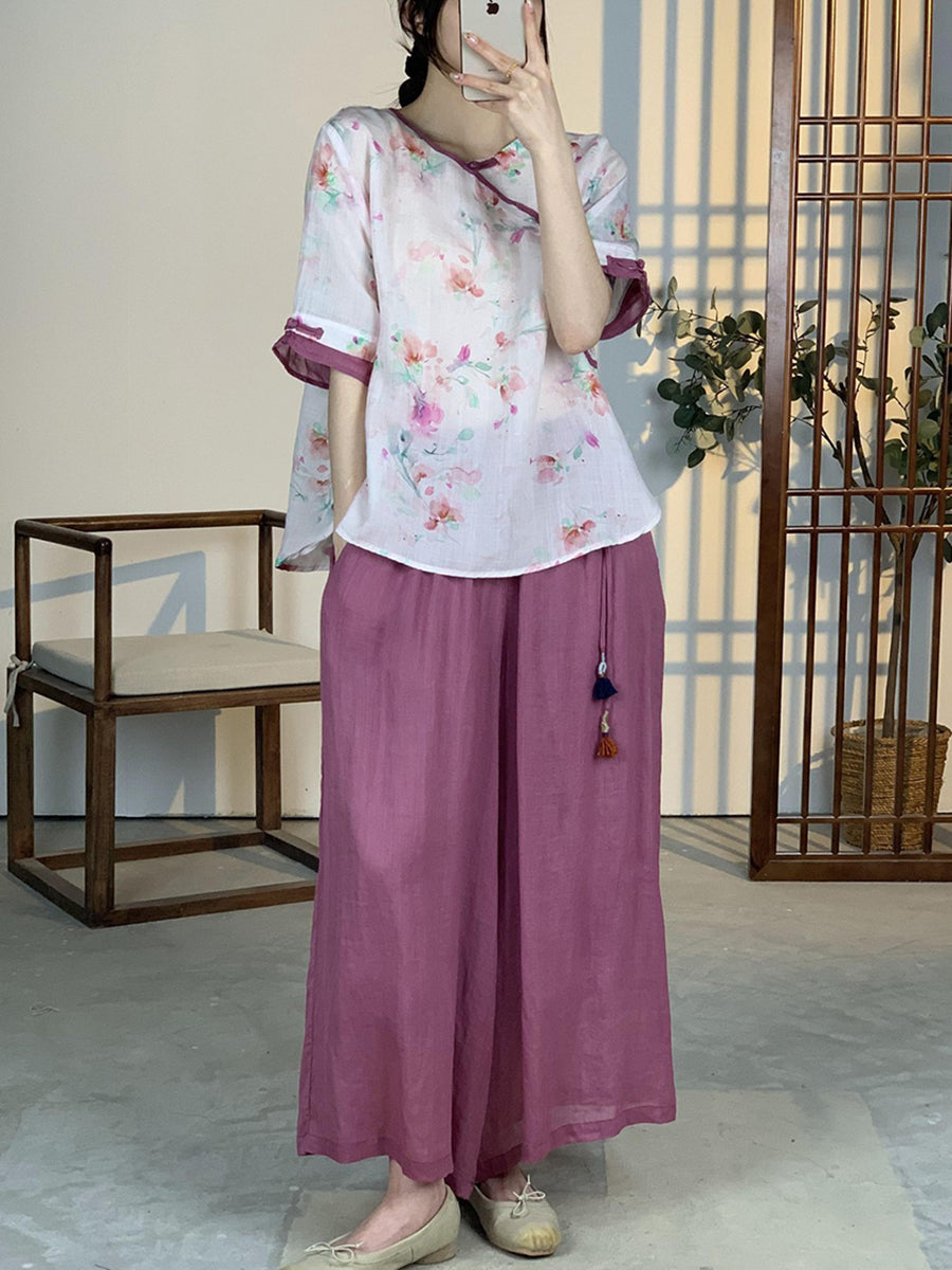 Women Summer Artsy Floral Button Ramie Shirt OO1012 XJYF