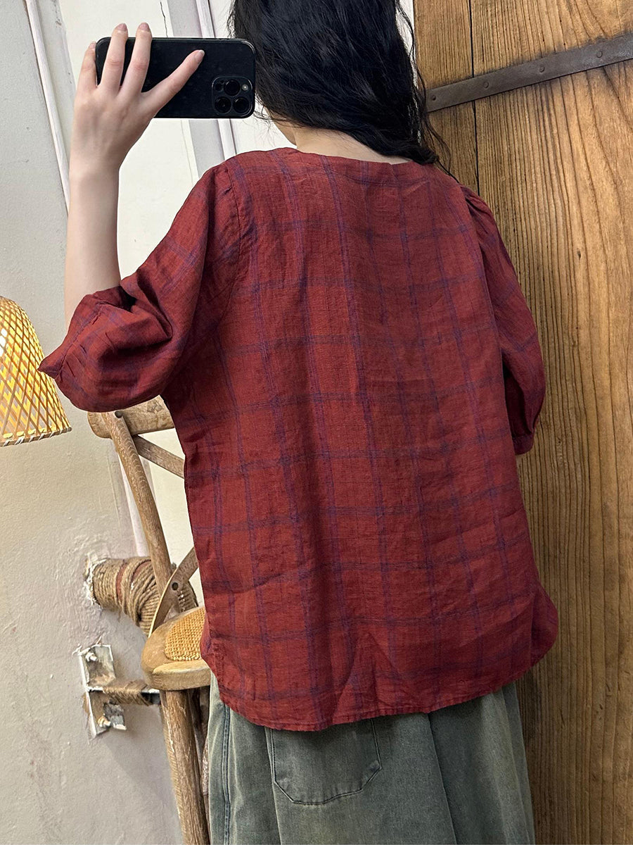 Women Summer Artsy Embroidery Linen Shirt II1055 BUYKUD