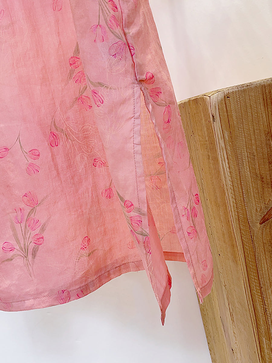 Women Summer Vintage Floral Spliced Ramie Dress II1051 BUYKUD