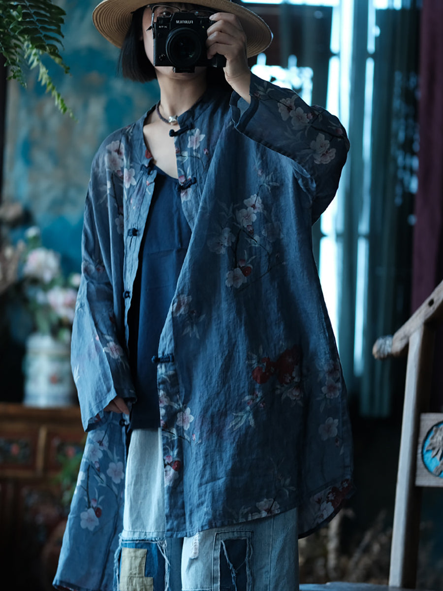 Women Summer Artsy Flower Button-up Ramie Shirt OO1051 JSHY