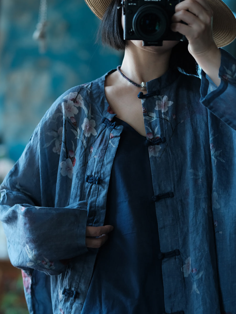 Women Summer Artsy Flower Button-up Ramie Shirt OO1051 JSHY