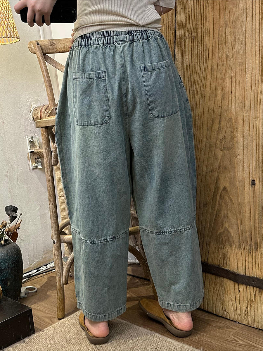 Women Summer Retro Frayed Denim Wide-leg Pants OO1049 HLCP