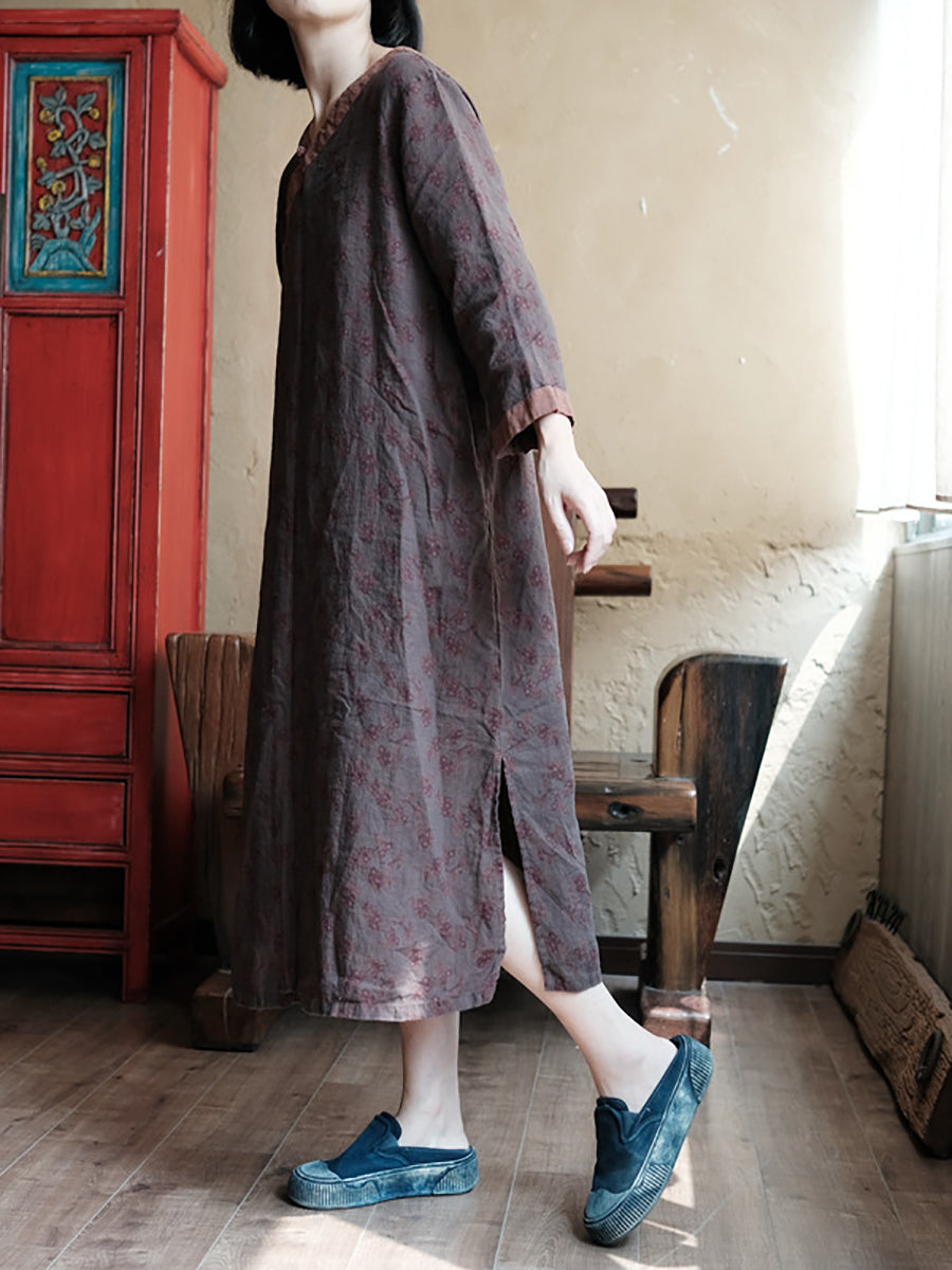 Women Summer Vintage Floral Spliced V-Neck Linen Dress II1013 JSHY