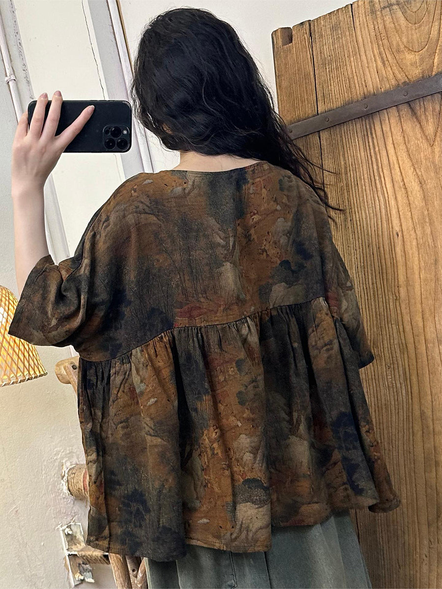 Women Summer Vintage Flower Spliced Cotton Shirt PP1049 LSFZ