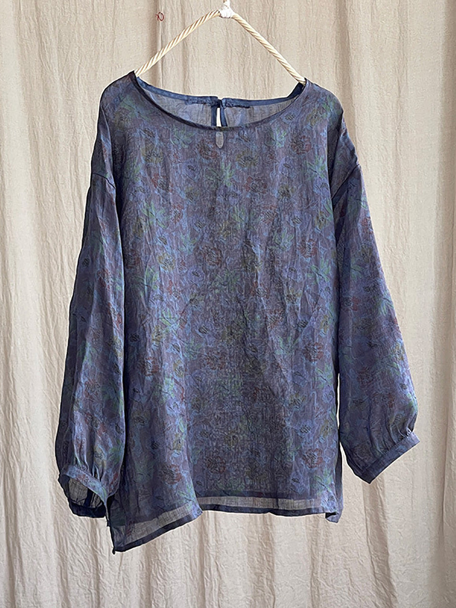 Women Summer Vintage Flower O-neck Ramie Shirt PP1039 YCGS