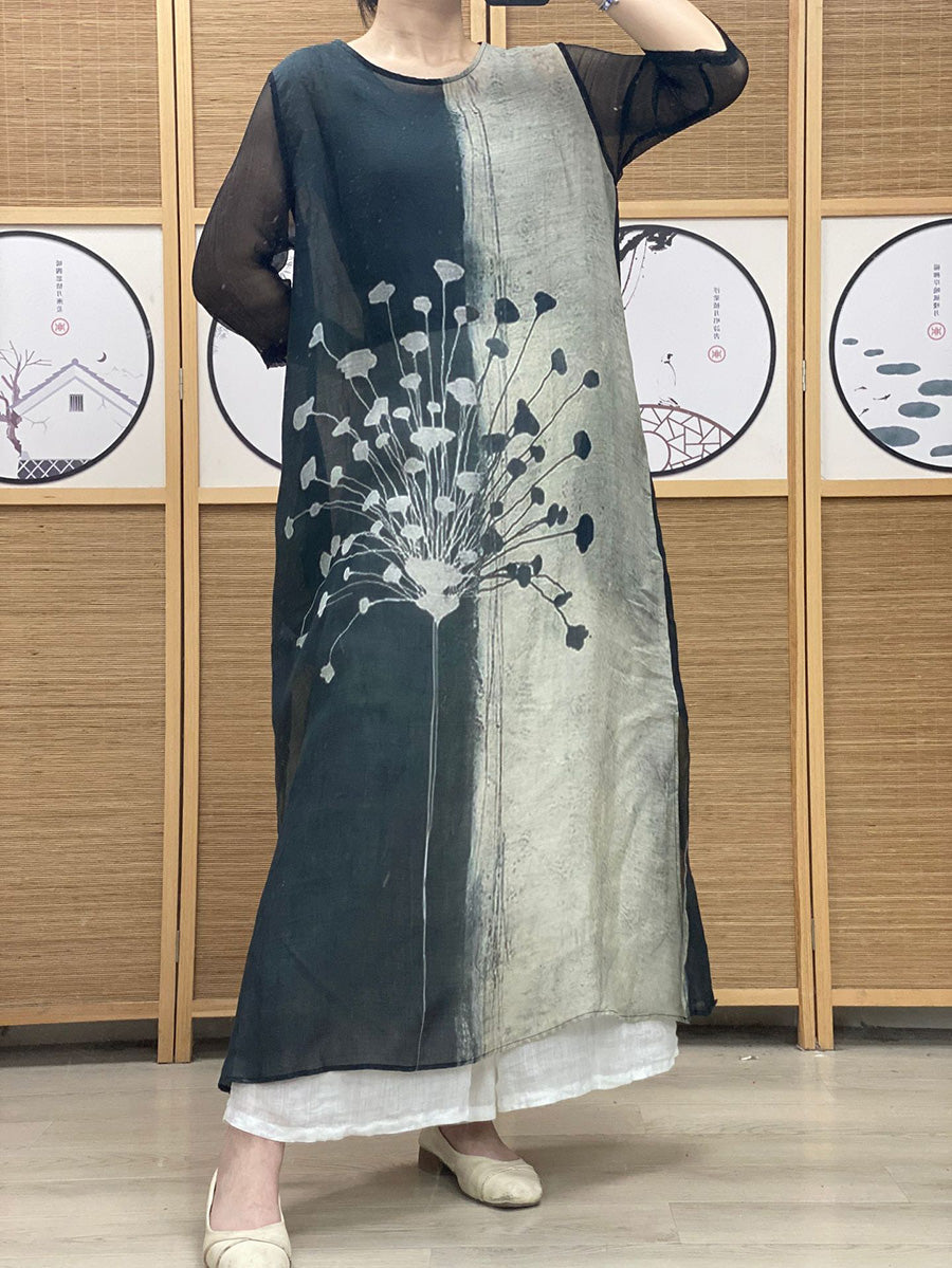 Women Summer Vintage Print Colorblock Linen Dress PP1011 ZSNL