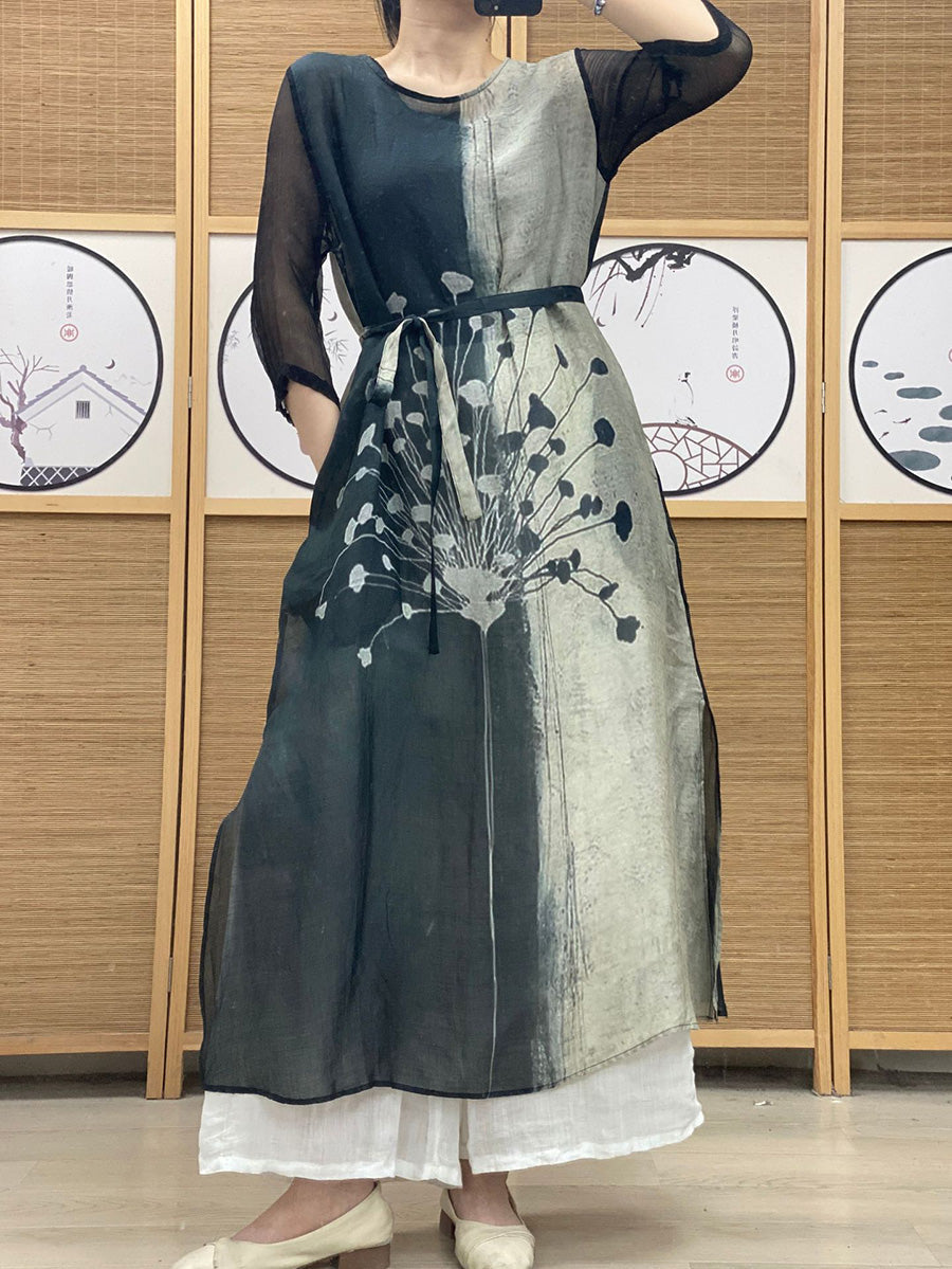 Women Summer Vintage Print Colorblock Linen Dress PP1011 ZSNL
