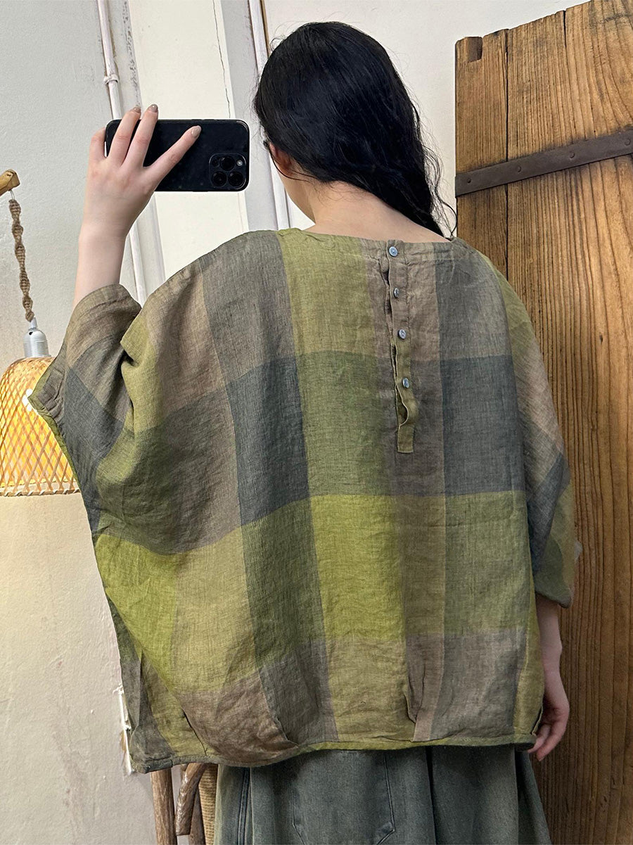 Women Summer Casual Plaid Batwing SLeeve Linen Shirt HH038 BUYKUD