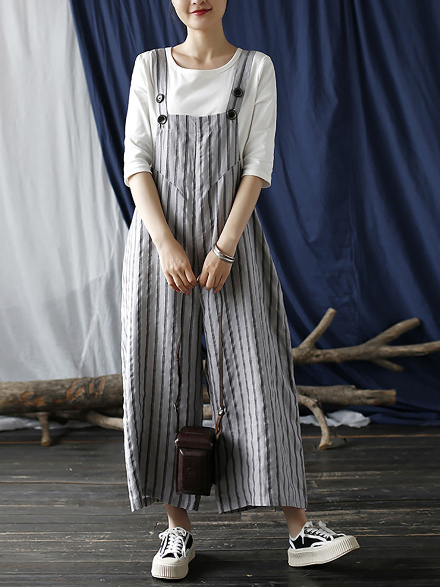 Women Summer Casual Stripe Wide-leg Linen Jumpsuits LL008 BUYKUD