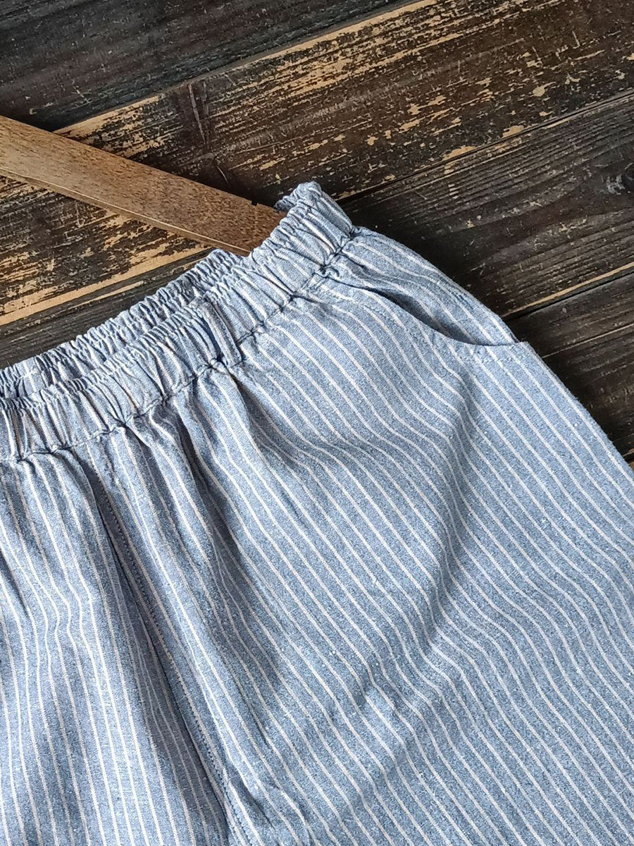 Women Summer Artsy Stripe Wide-leg Linen Cotton Pants CC042 XIM