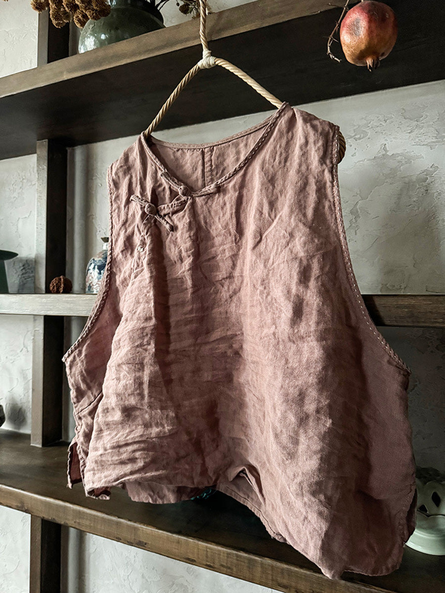 Women Summer Vintage Solid Buckle Linen Vest CC015 QYMM