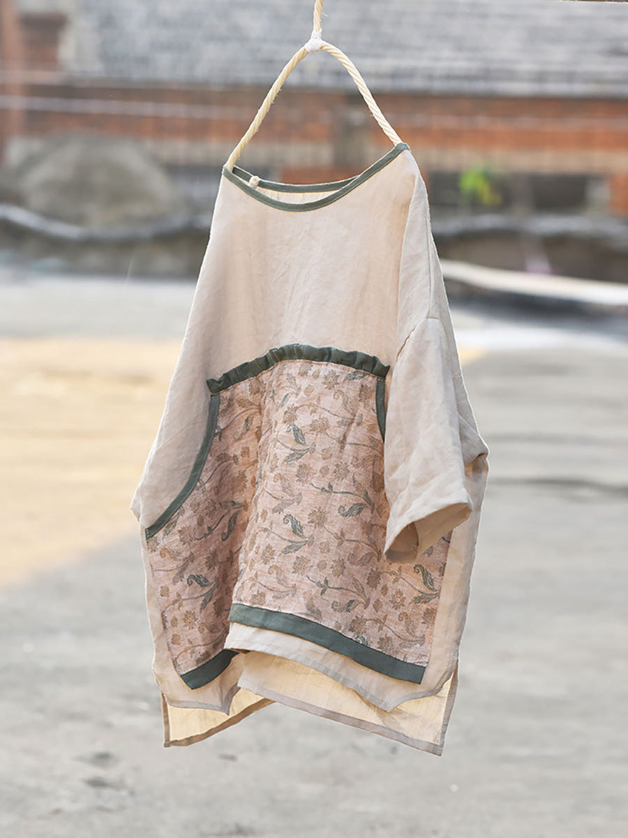 Women Summer Ethnic Flower Spliced O-Neck Ramie Shirt CC016 QYMM