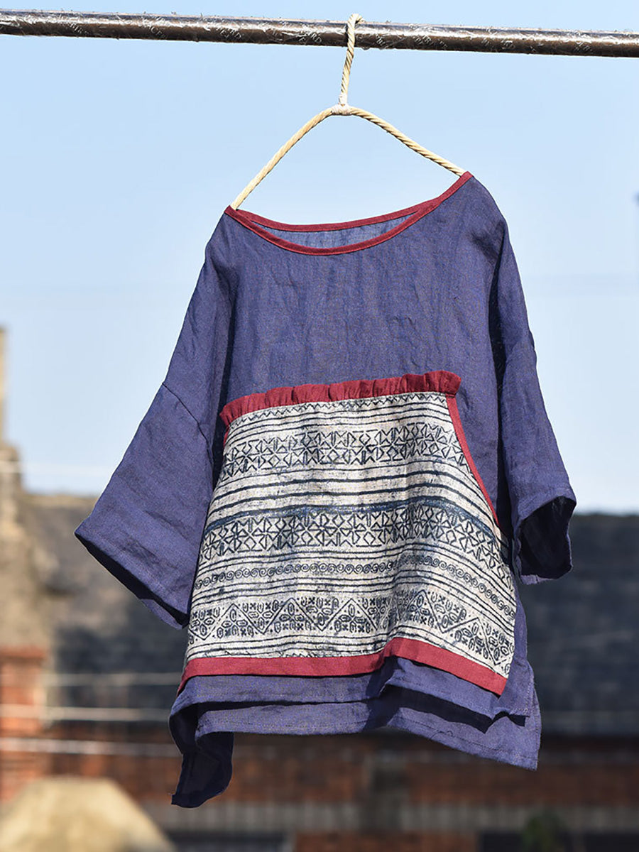 Women Summer Ethnic Flower Spliced O-Neck Ramie Shirt CC016 QYMM