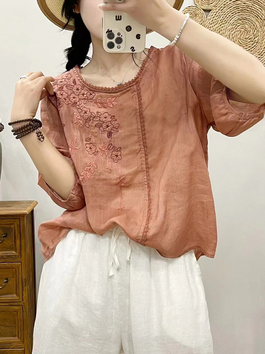 Women Summer Artsy Flower Embroidery Ramie Pullover Shirt CX028 BUYKUD