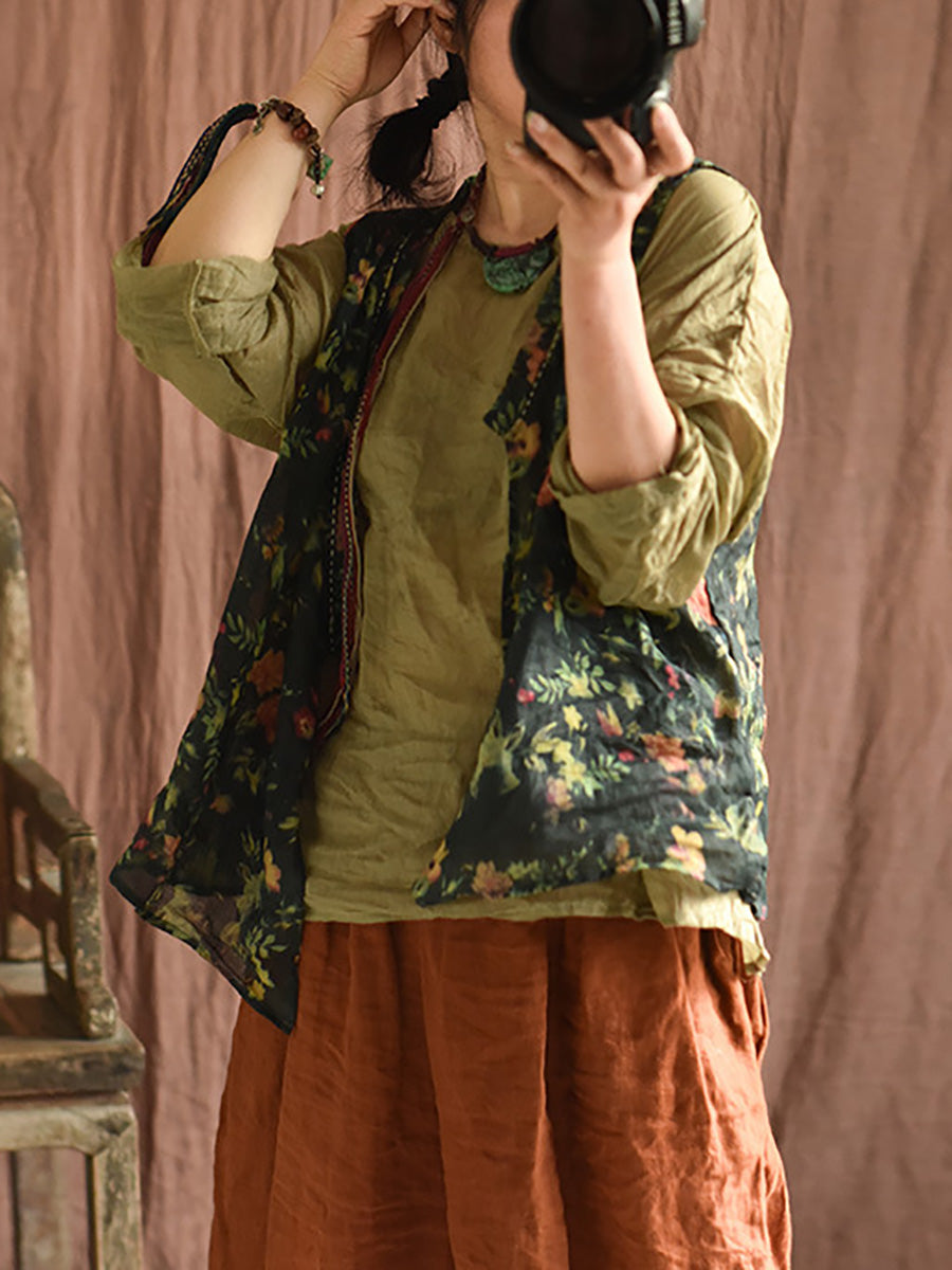 Women Summer Vintage Flower Stitching V-Neck Vest CX053 BUYKUD
