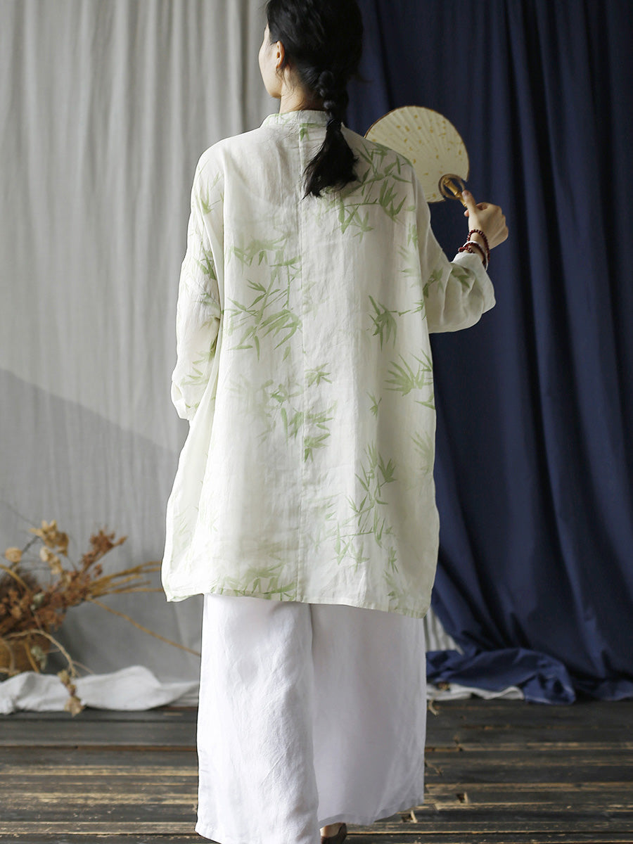 Women Ethnic Bamboo Print Ramie Robe Dress FD024 BUYKUD