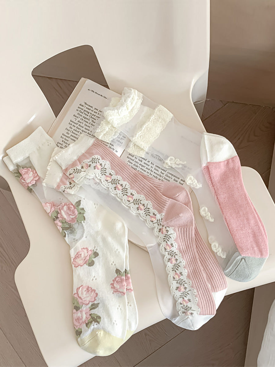 3 Pairs Women Artsy Thin Flower Lace Socks FD034 TKWY