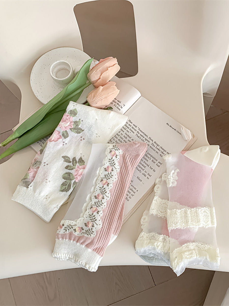 3 Pairs Women Artsy Thin Flower Lace Socks FD034 TKWY