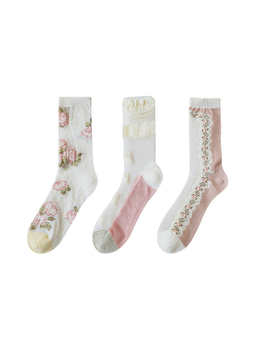 3 Pairs Women Artsy Thin Flower Lace Socks FD034 TKWY