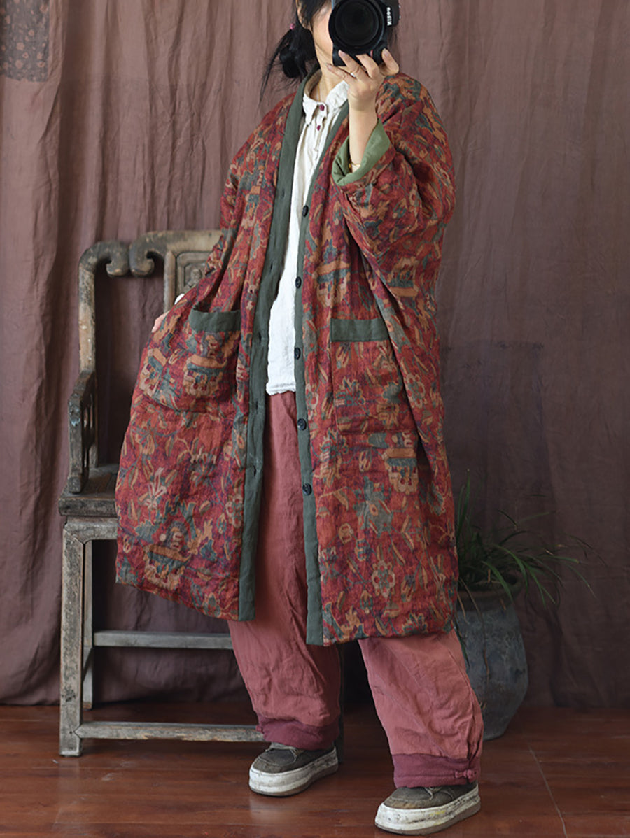 Women Winter Flower V-Neck Linen Cotton Padded Coat RR027 QYMM