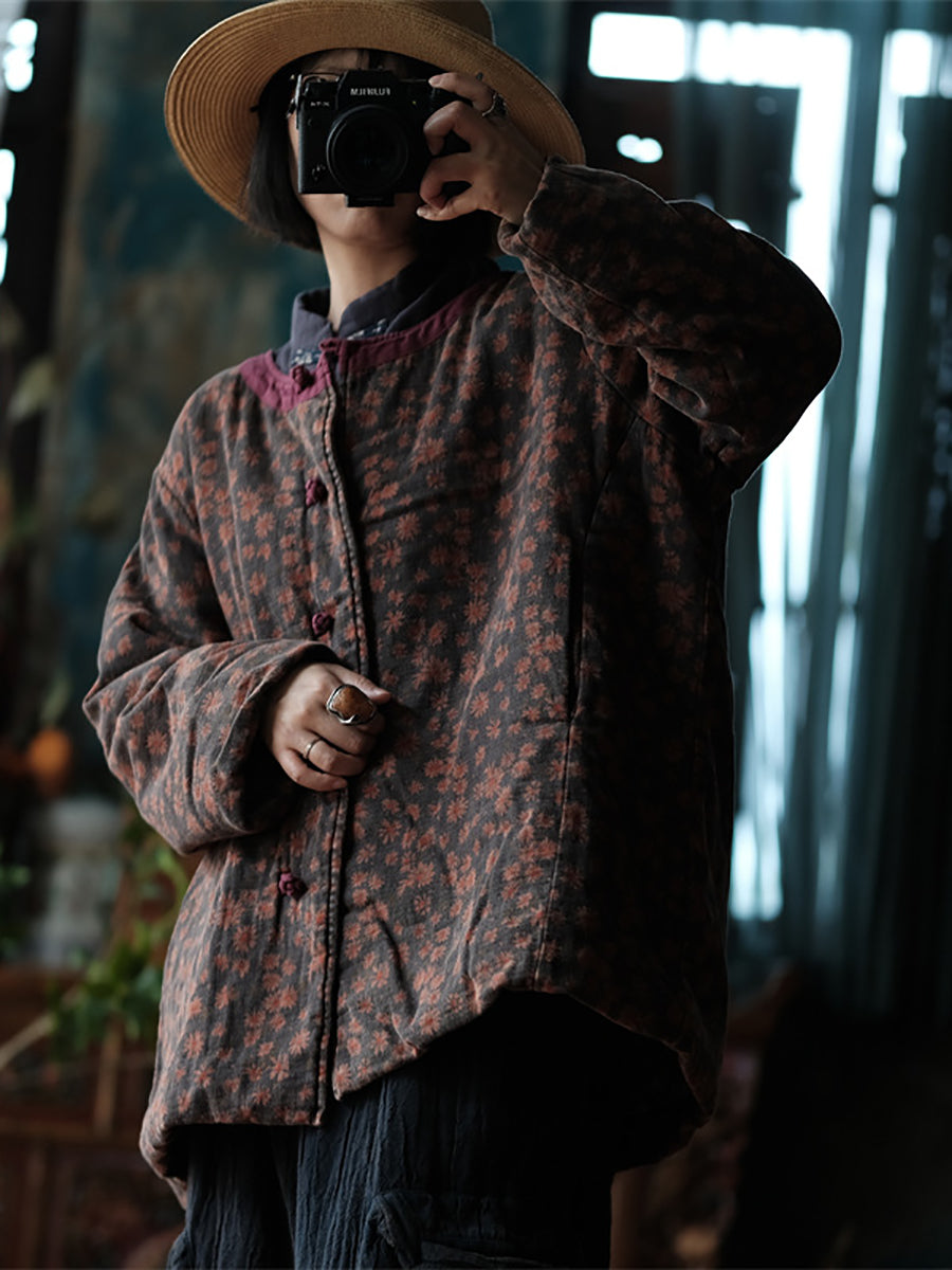 Women Autumn Floral Button O-Neck Cotton Jacket AS1023 BUYKUD