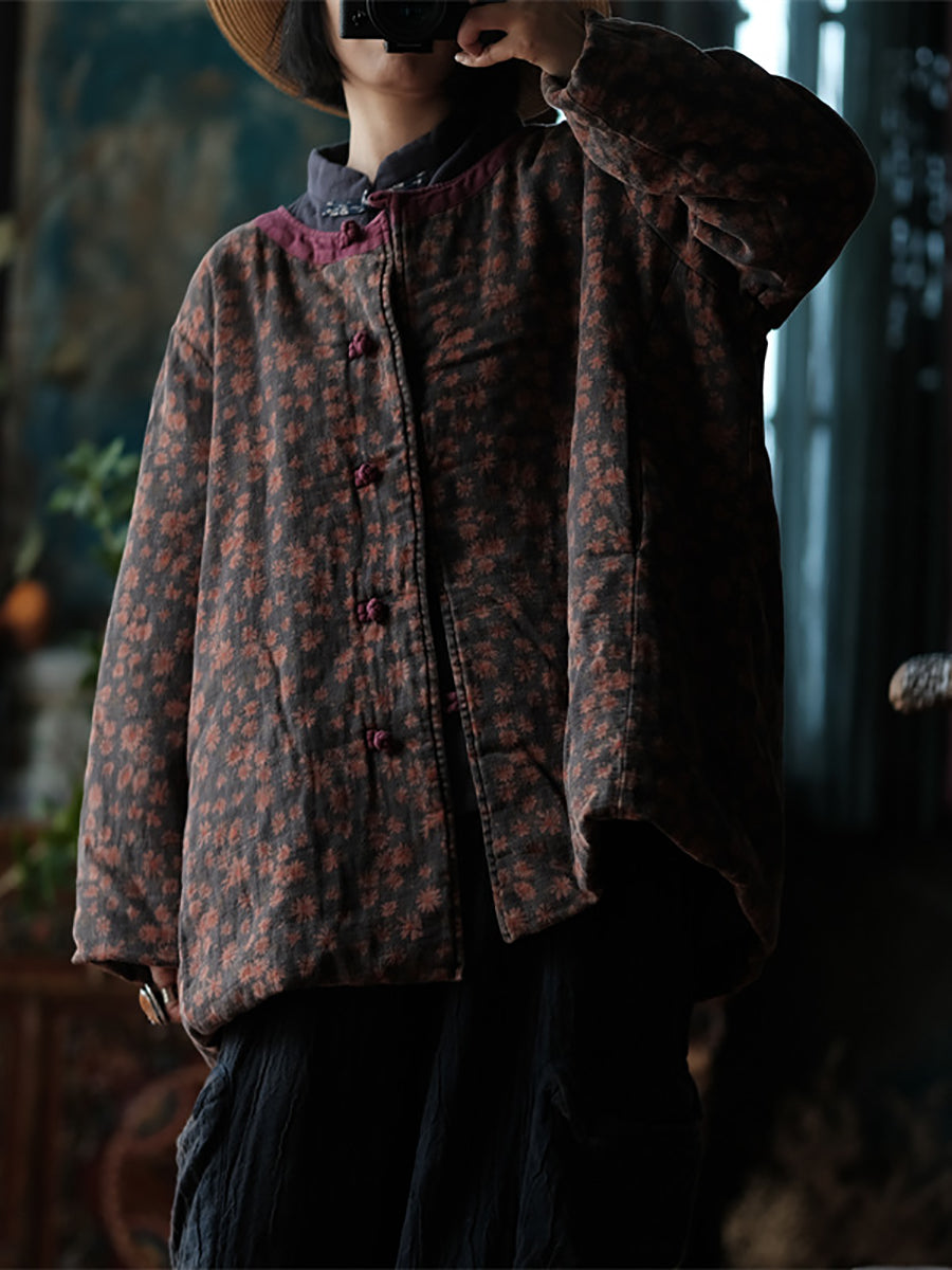 Women Autumn Floral Button O-Neck Cotton Jacket AS1023 BUYKUD