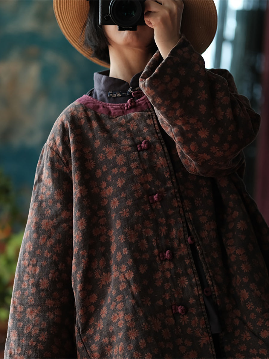 Women Autumn Floral Button O-Neck Cotton Jacket AS1023 BUYKUD