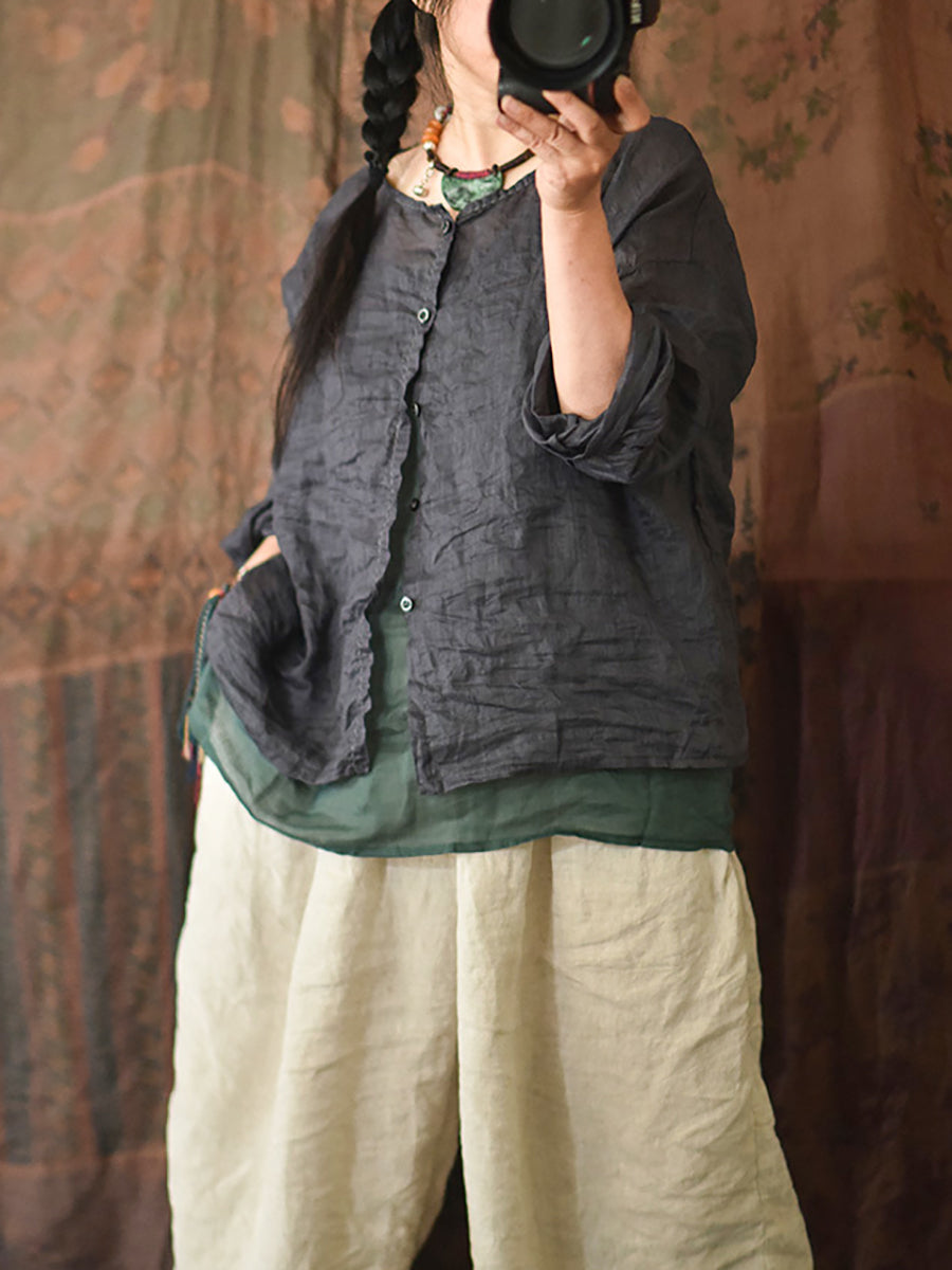 Women Summer Vintage Stitching Button Ramie Blouse AT1063 QYMM