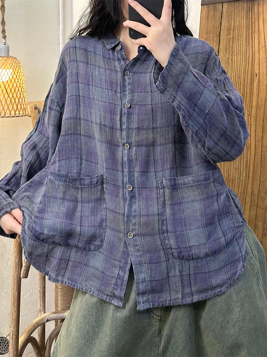 Women Autumn Vintage Plaid Turn-down Linen Blouse AT1052 BUYKUD