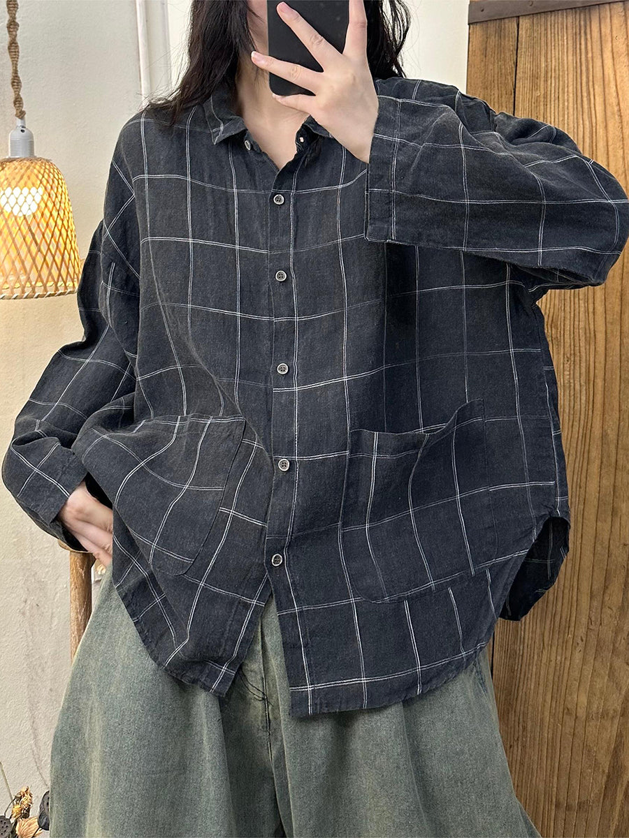Women Autumn Vintage Plaid Turn-down Linen Blouse AT1052 BUYKUD