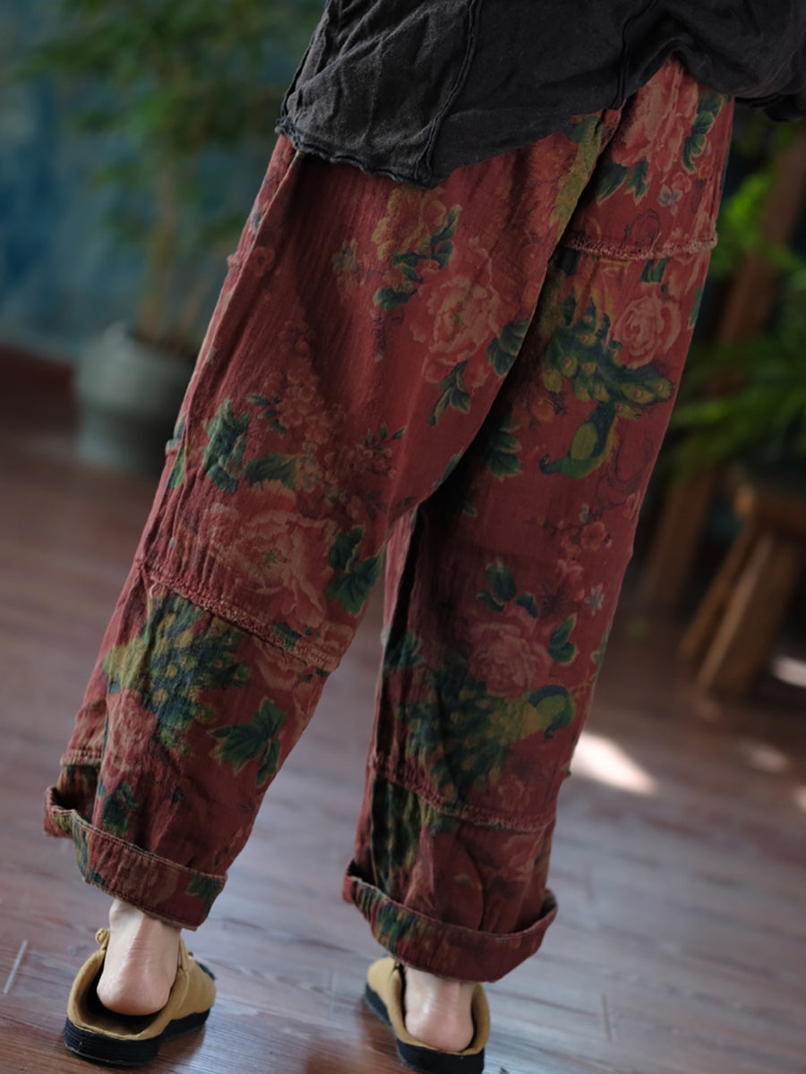 Women Autumn Retro Flower Spliced Cotton Wide-leg Pants AT1024 JSHY