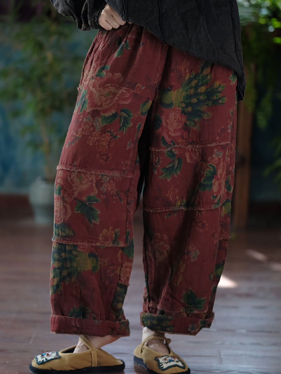Women Autumn Retro Flower Spliced Cotton Wide-leg Pants AT1024 JSHY