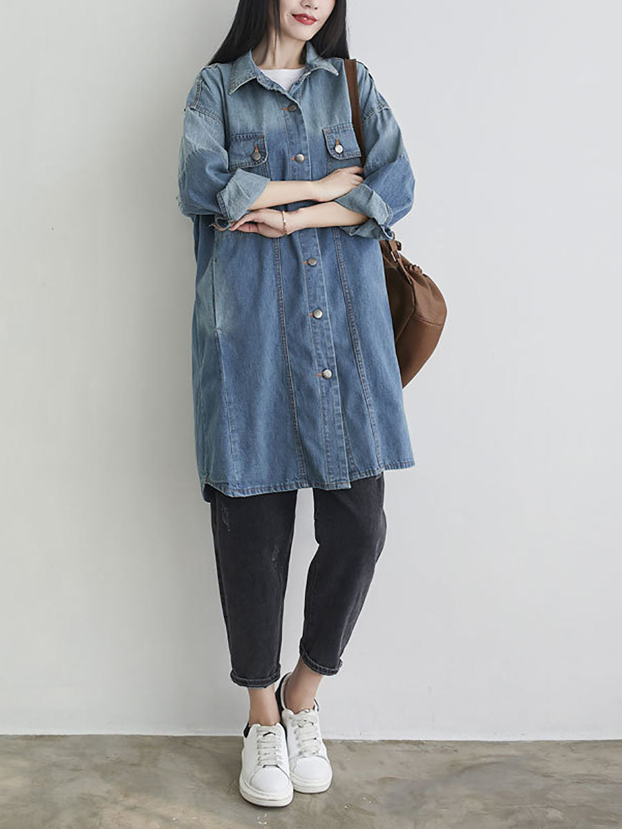 Women Autumn Casual Solid Pocket Denim Shirt Coat AS1001 YTLSFZ