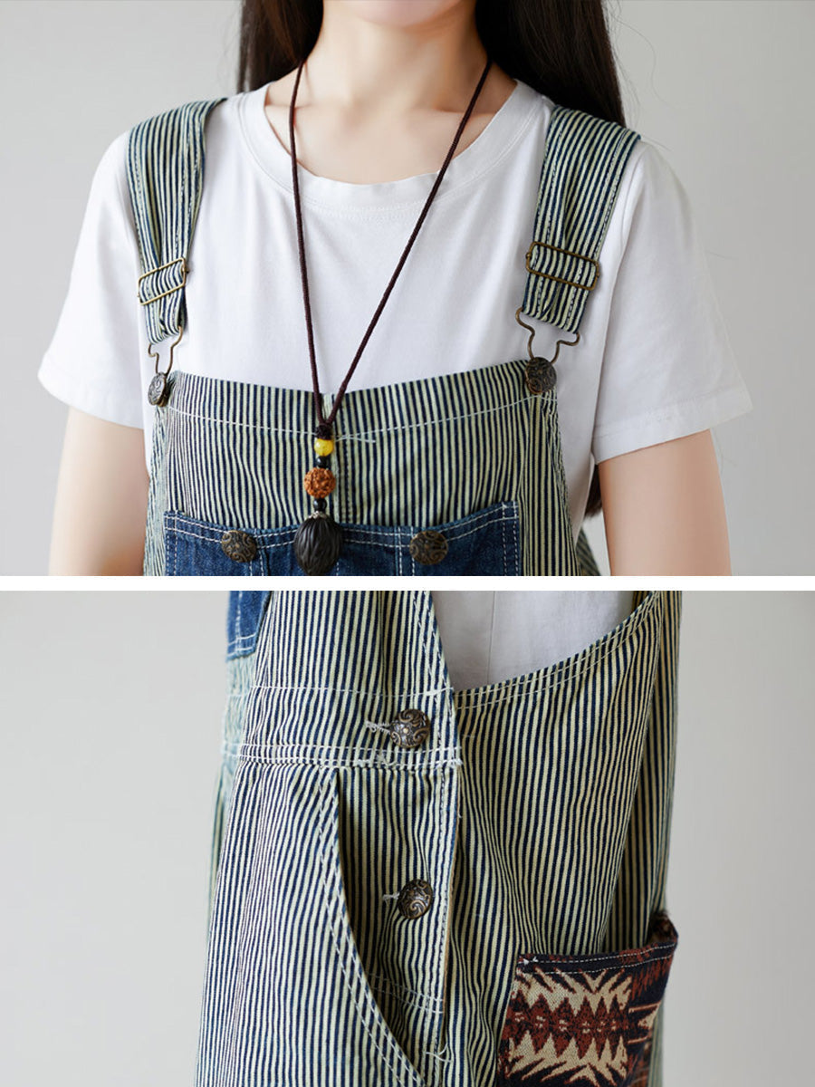 Women Artsy Stripe Patch Spliced Denim Loose Jumpsuits AI1079 BUYKUD