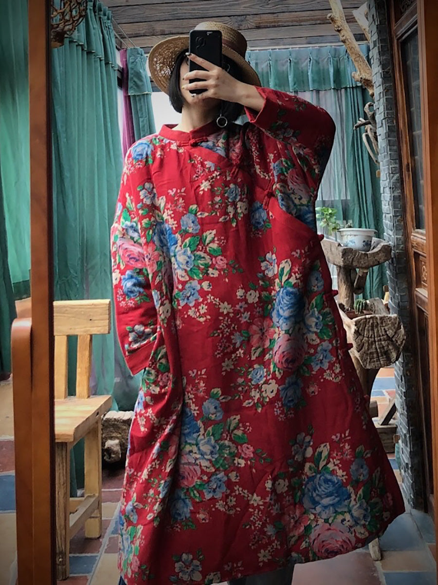 Women Ethnic Red Flower Slant Closure Cotton Padded Coat AI1014 JSHY