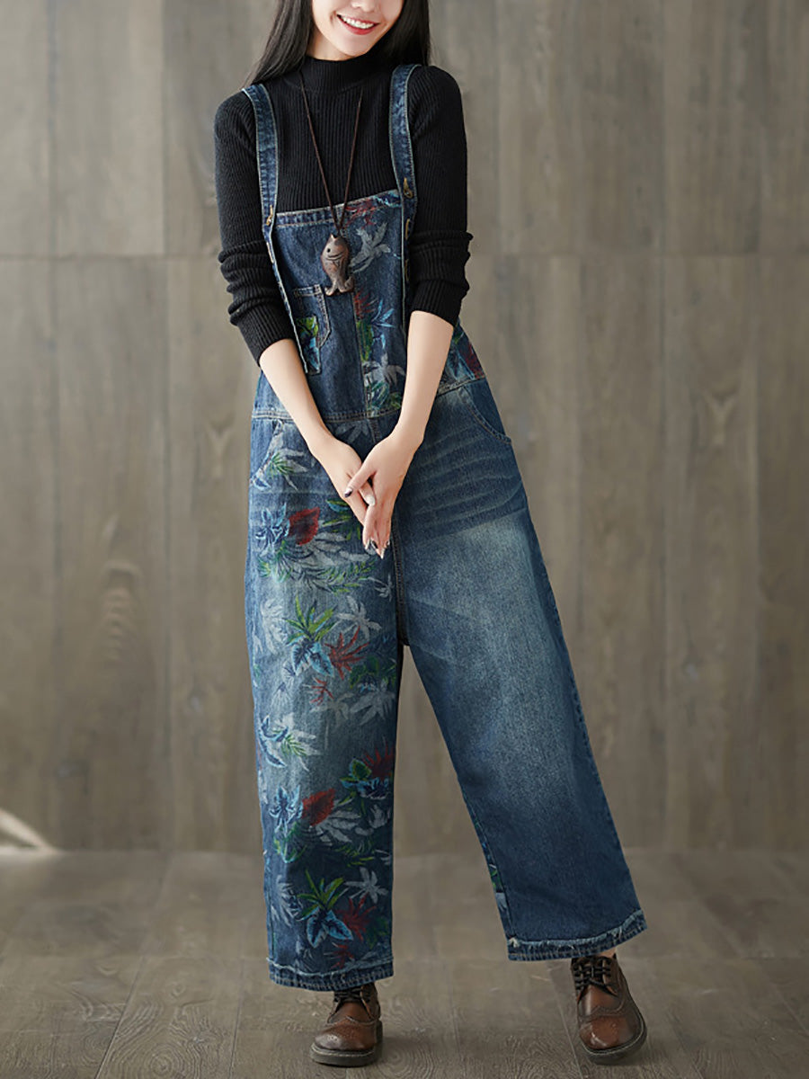 Women Autumn Flower Denim Loose Jumpsuits AI1057 BUYKUD