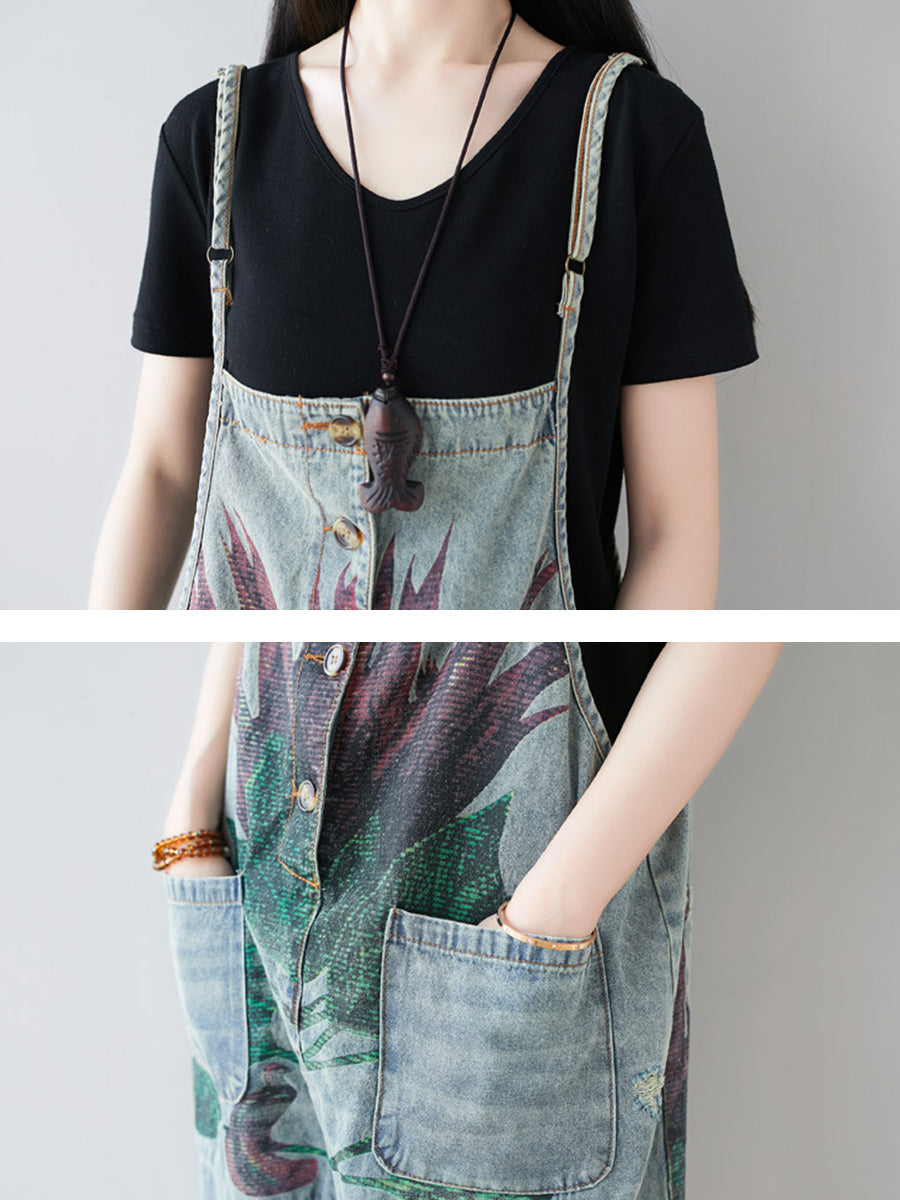 Women Artsy Flower Frayed Denim Pocket Jumpsuits AI1080 BUYKUD